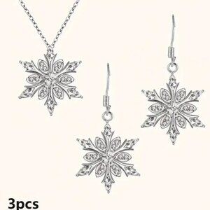 Snowflake Earring & Necklace Set Silver Faux Diamonds NWT